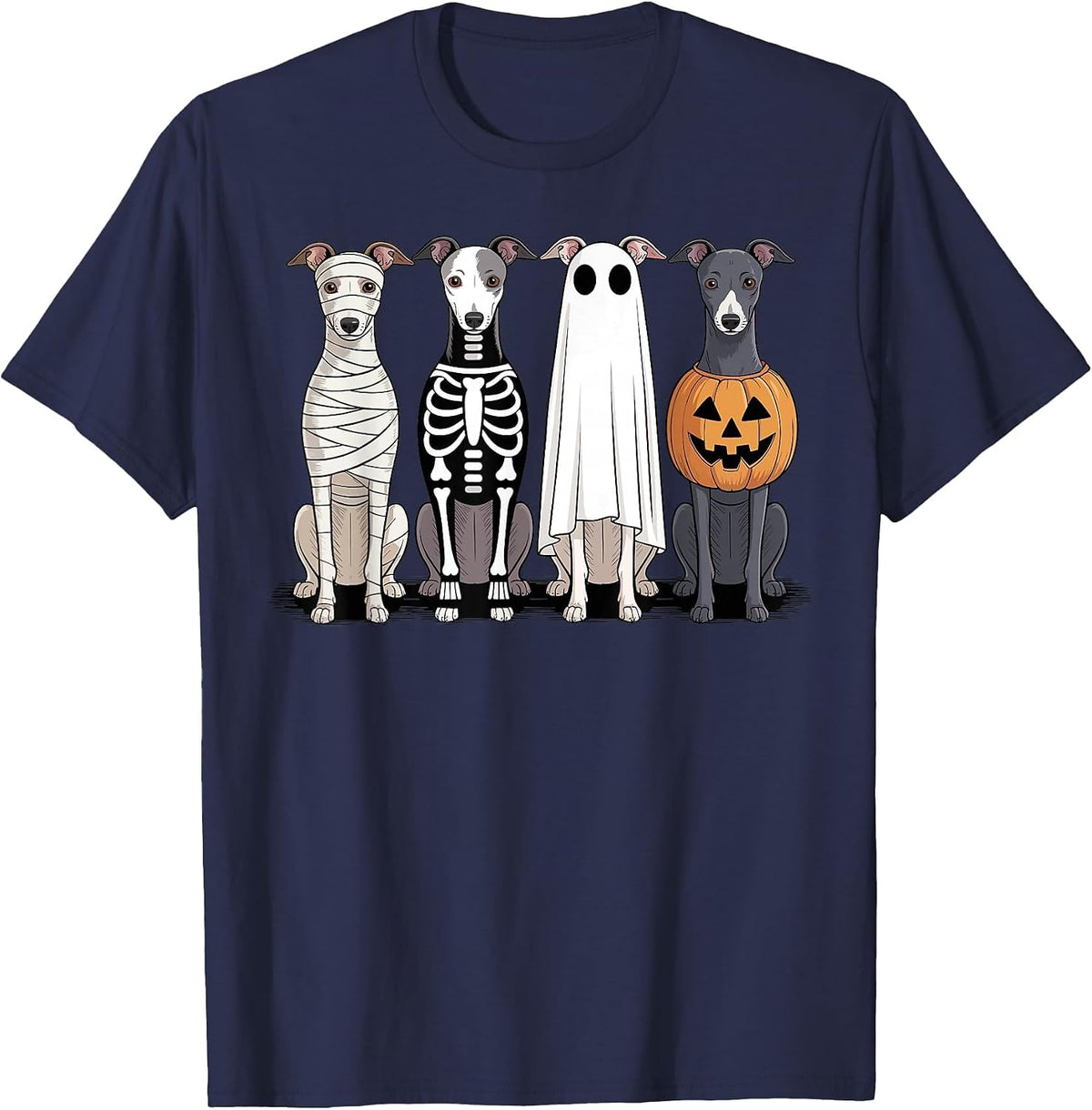 Spooky Ghost Italian Greyhound Pumpkin Halloween Skeleton T-Shirt - Navy Blue