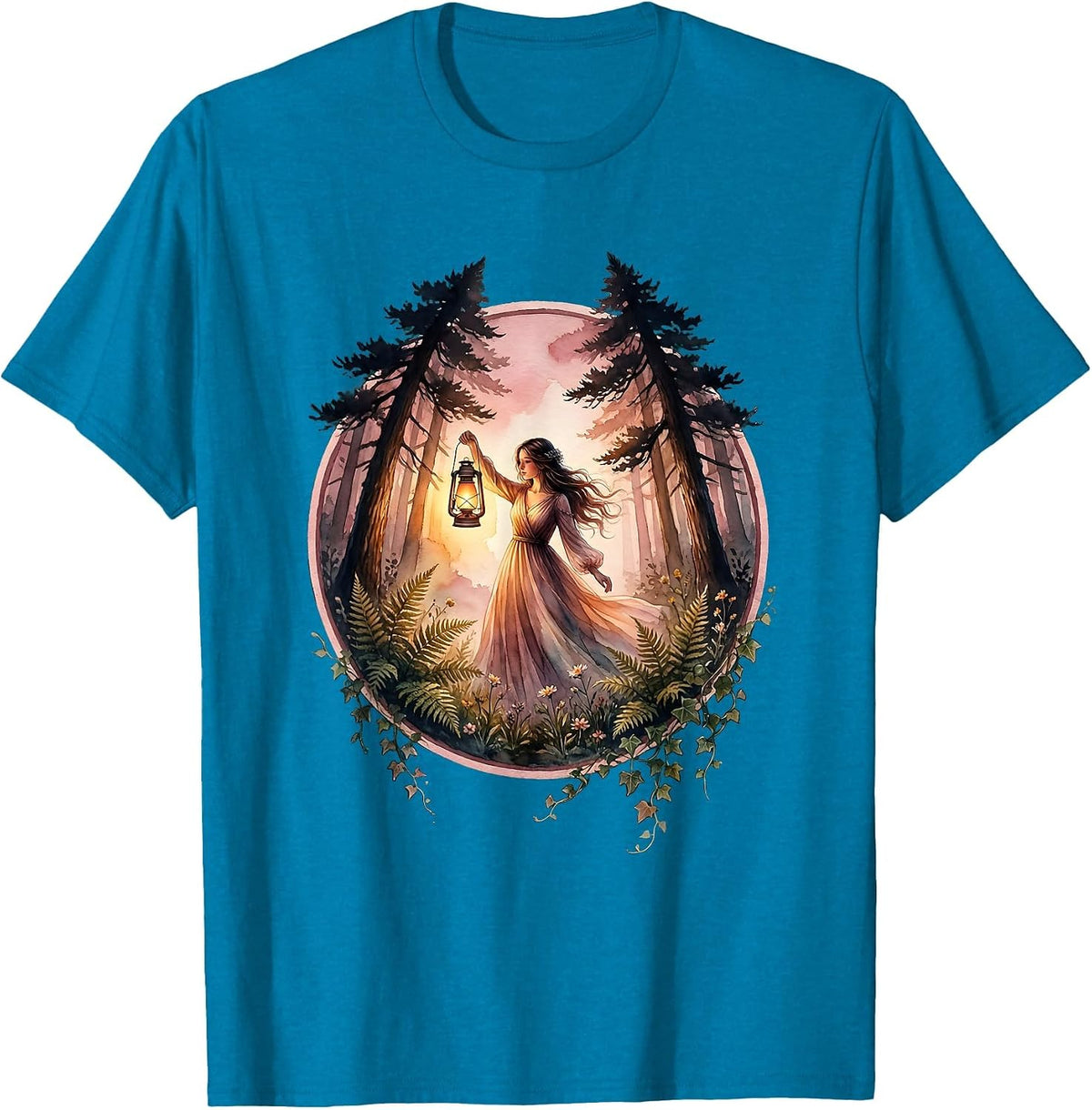 Be Kind Girl With Lantern in Deep Forest T-Shirt - Sapphire Blue