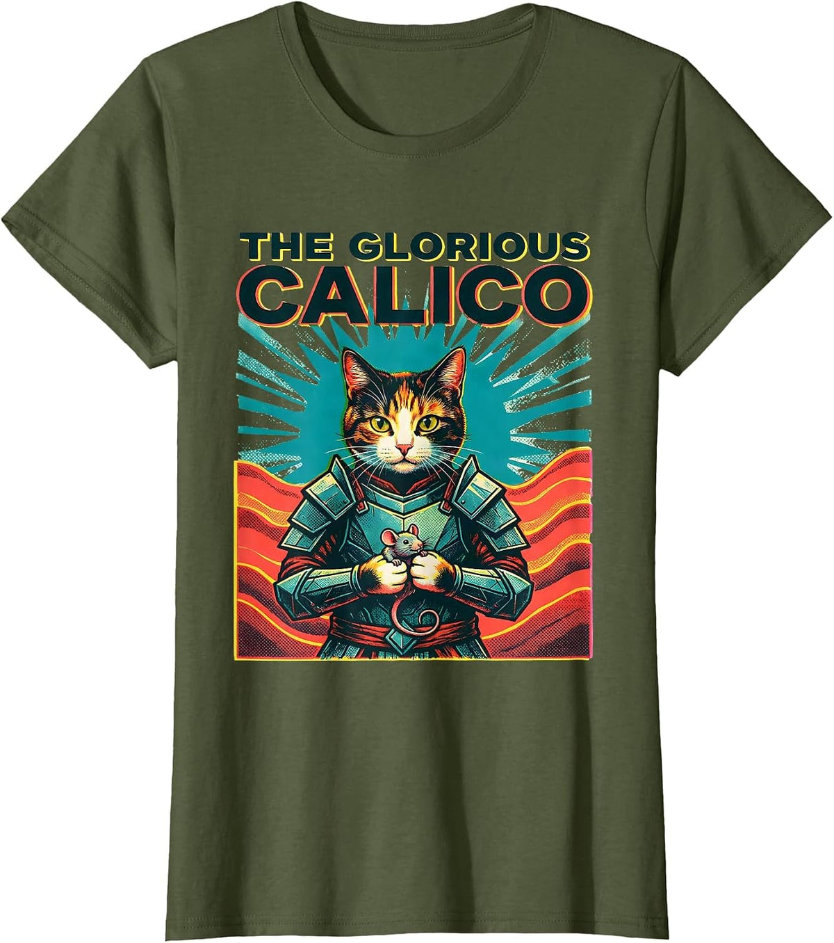Women's The Glorious Calico Risograph Anime Cat Warrior Art Funny T-Shirt - Olive Green