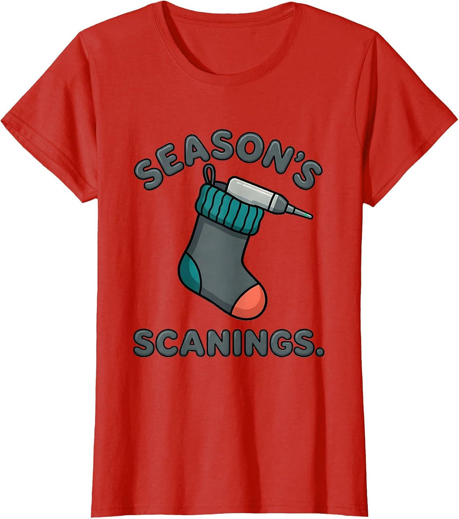 Women's Season's Scanings Funny Radiology Tech Christmas Ultrasound T-Shirt - Red