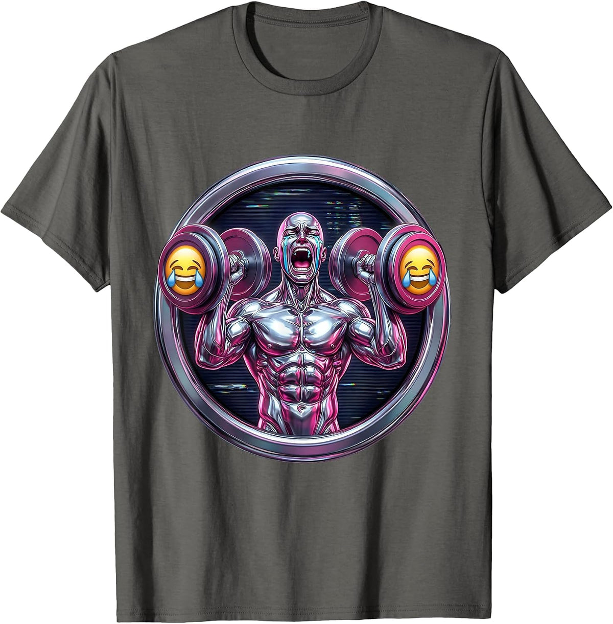 Buff Crying Weightlifter Emotional Dumbbells Meme T-Shirt - Asphalt Grey
