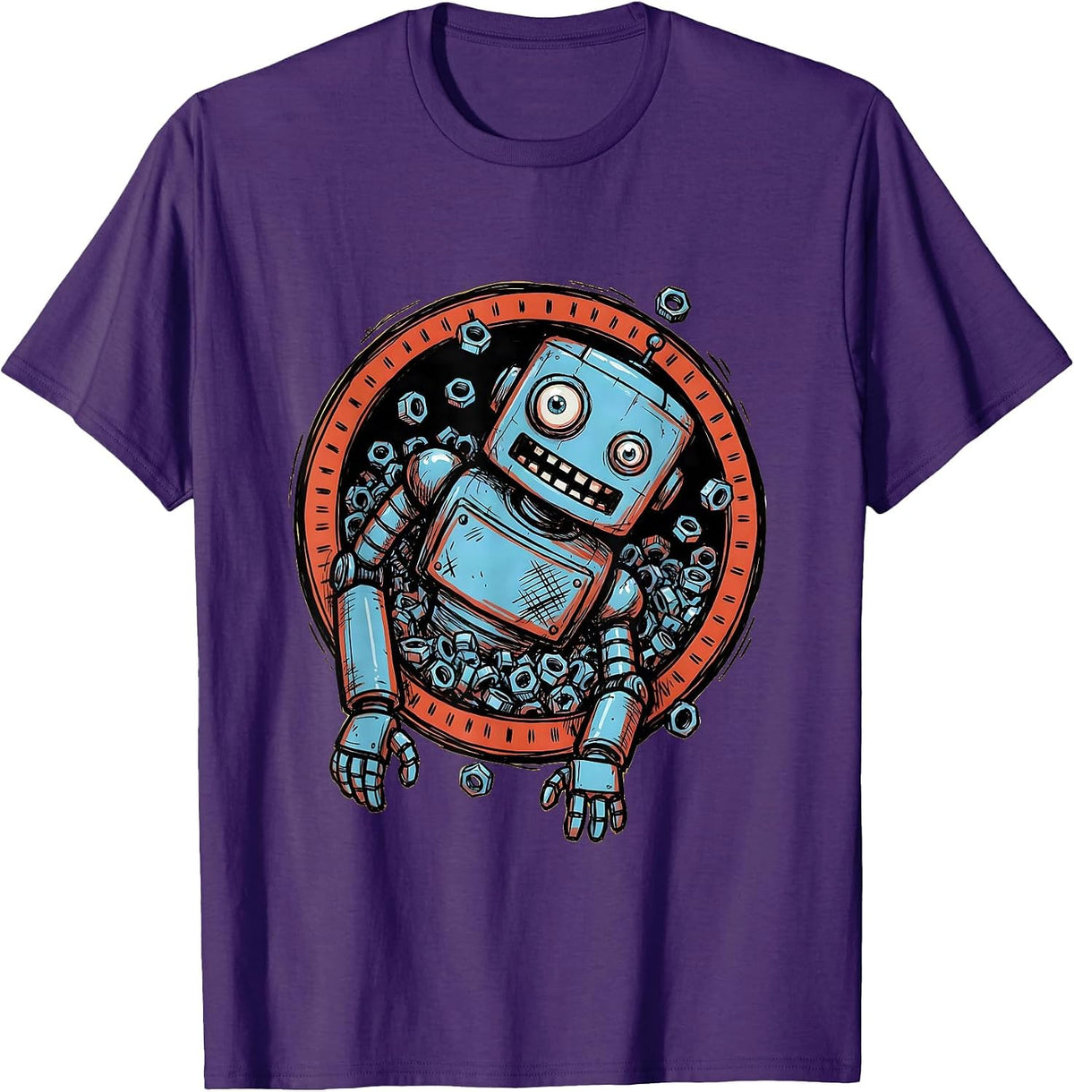 Men's Derpy Robot Spilling Bolts Funny Illustration T-Shirt - Purple