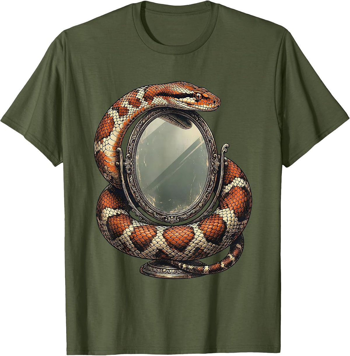 Men's Feminist Snake and Hand Mirror Graphic Tee T-Shirt - Olive Green