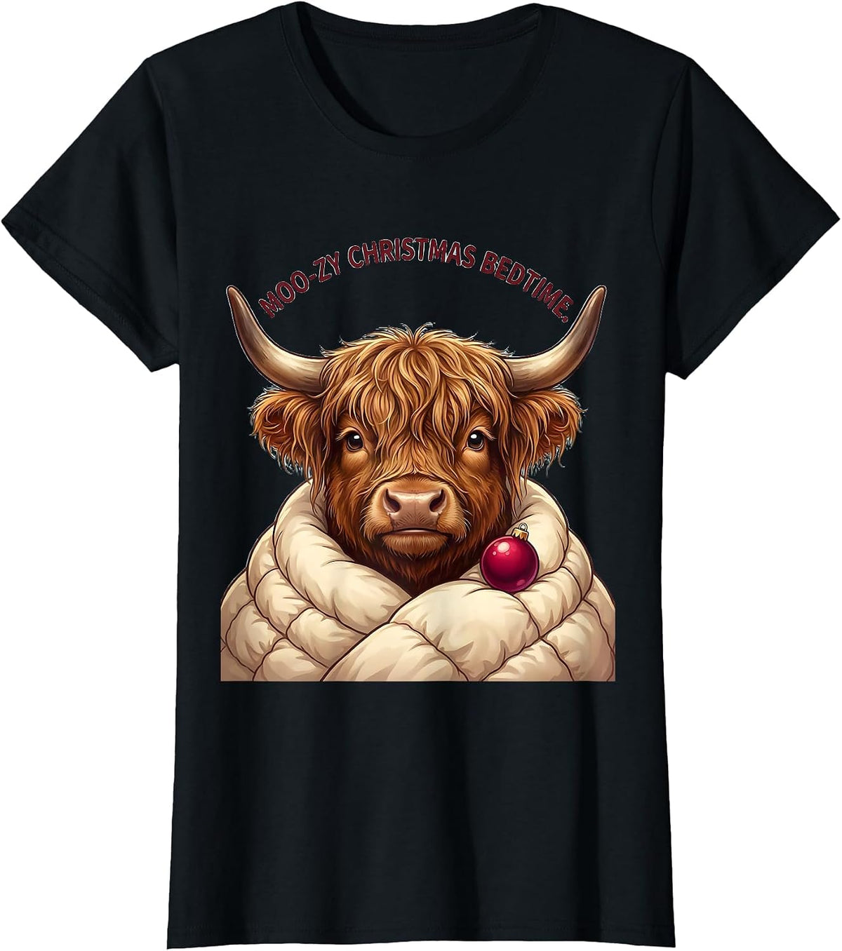 Moo-zy Christmas Bedtime Cute Kawaii Highland Cow Pajama T-Shirt - Black