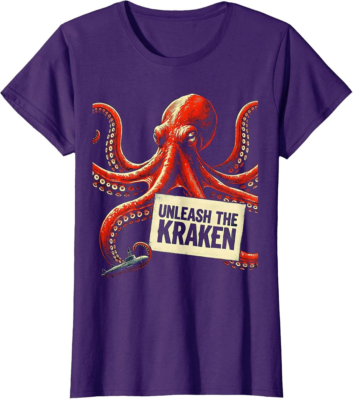 Women's Unleash The Kraken Stencil Graphic Octopus Lover Sea Monster T-Shirt - Purple