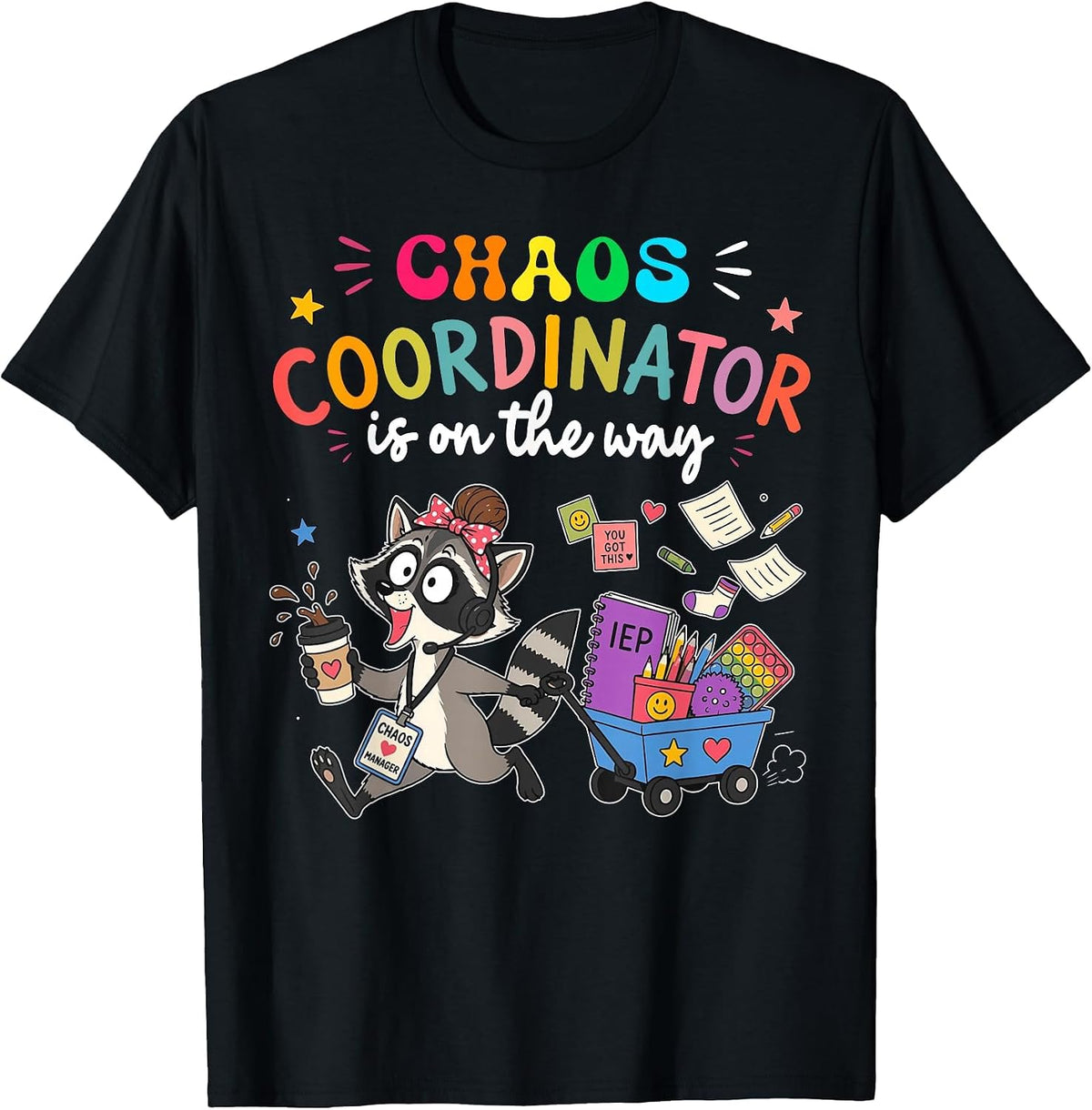 Chaos Coordinator is On The Way Funny Sped Teacher Raccoon T-Shirt - Black
