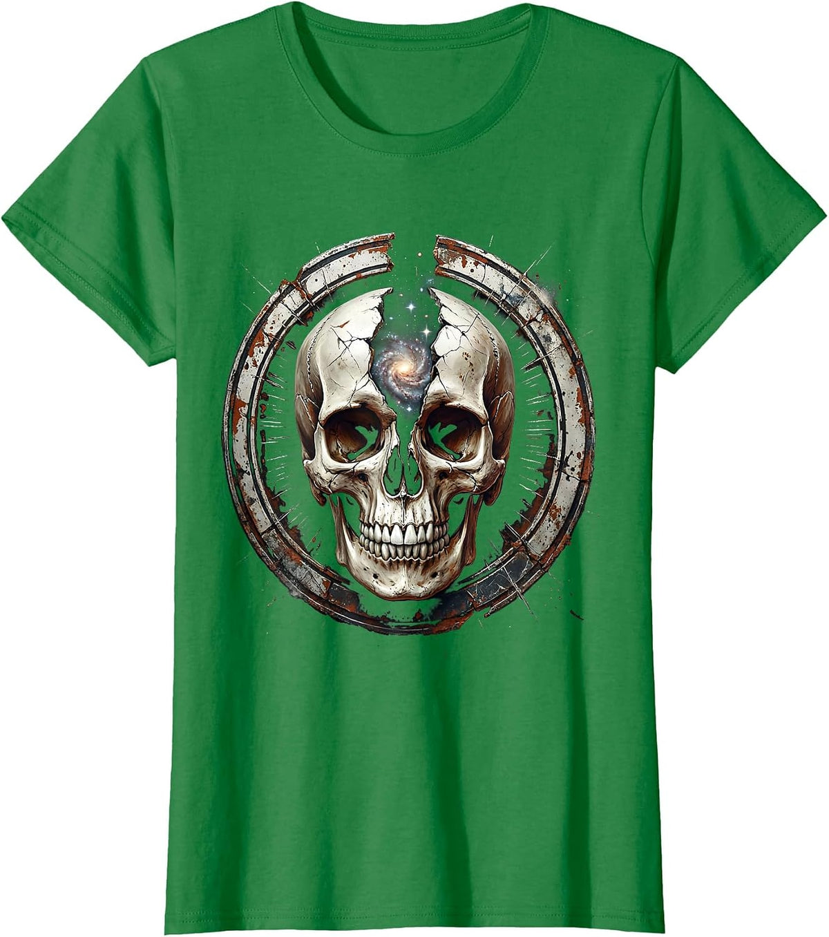 Women's Cosmic Skull Galaxy Universe Split Open Design T-Shirt - Kelly Green