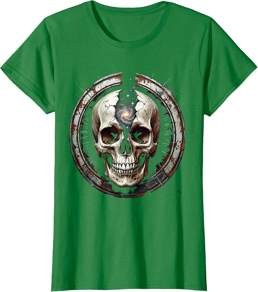 Women's Cosmic Skull Galaxy Universe Split Open Design T-Shirt - Kelly Green