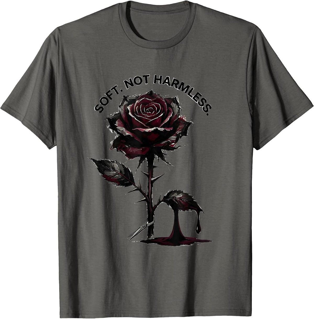 Soft. Not Harmless Dark Gothic Romance Ink Brush Flower Art T-Shirt - Asphalt Grey