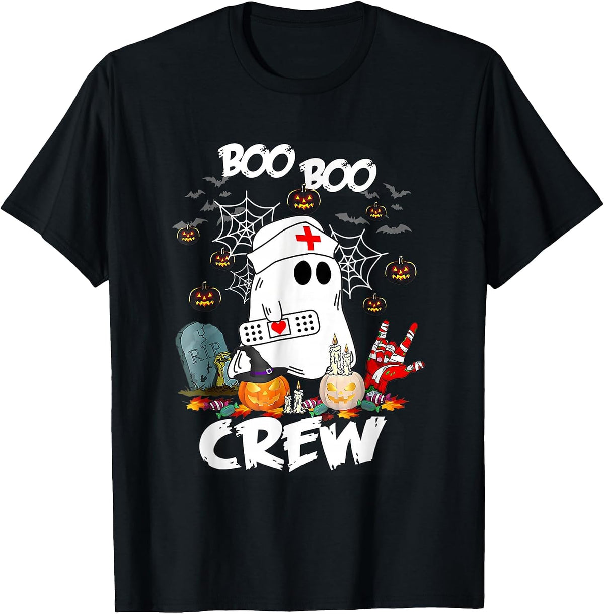 Boo Boo Crew Ghost Nurse Retro Halloween Nursing T-Shirt - Black