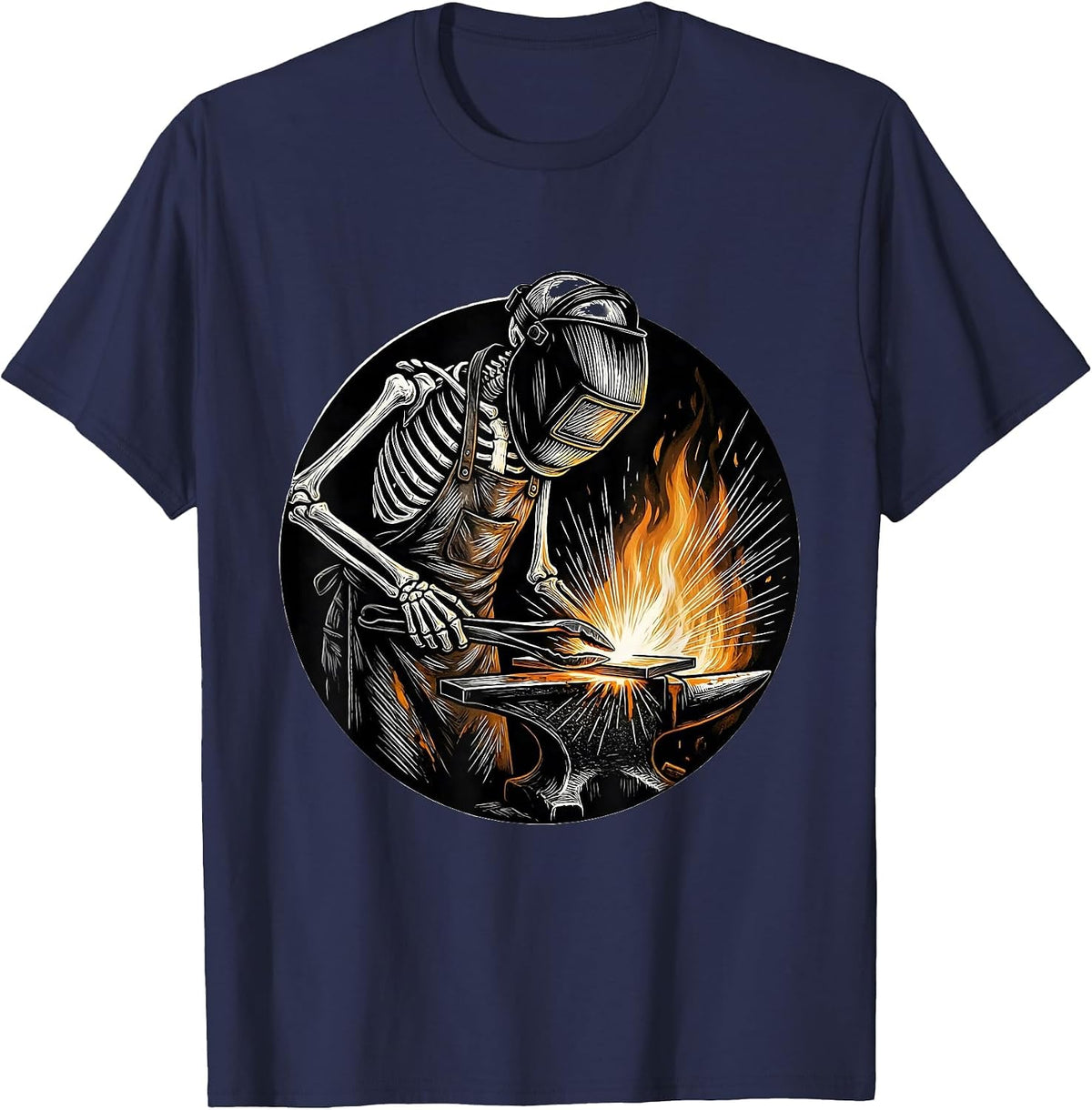 Skeleton Welder at the Forge Graphic Tee T-Shirt - Navy Blue