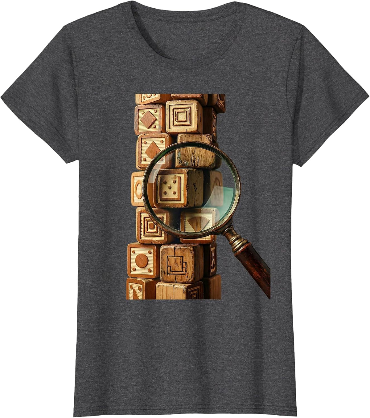 Women's Alphabet Blocks Magnifying Glass SLP Design T-Shirt - Dark Heather Grey