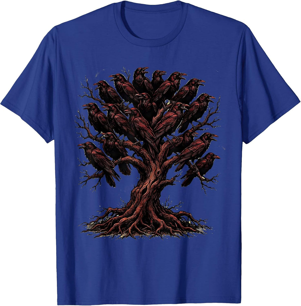 Men's Dead Tree Roosting Crows Dark Nature Illustration T-Shirt - Royal Blue