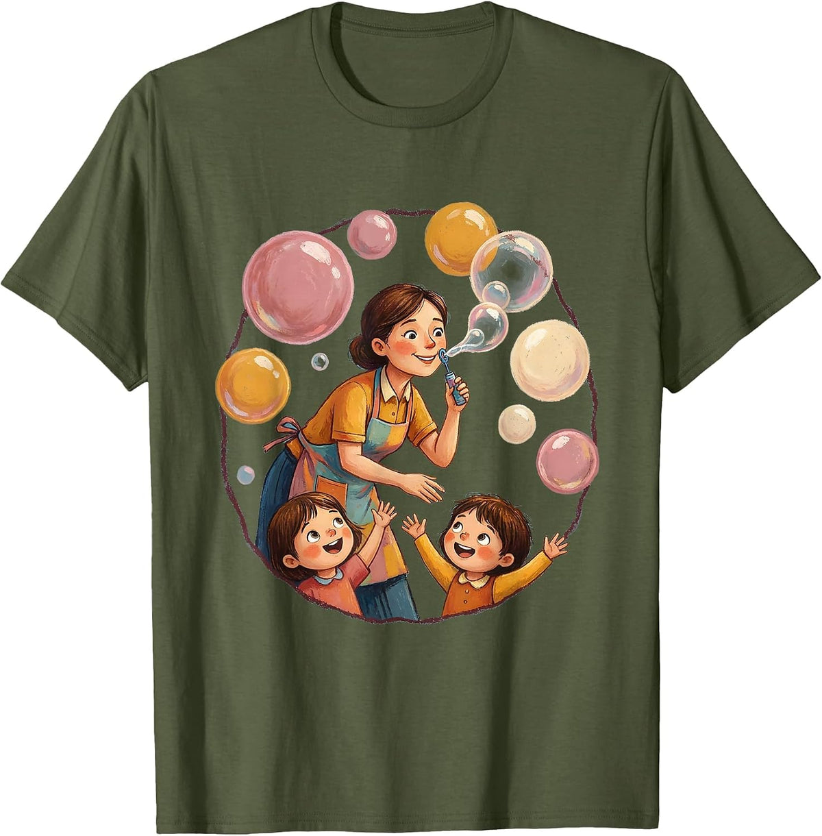 Men's Preschool Teacher Blowing Bubbles Classroom Art T-Shirt - Olive Green