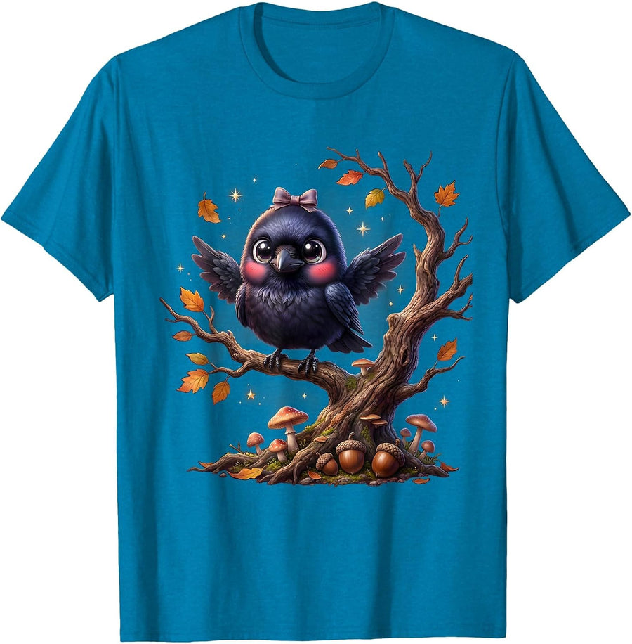 Raven on Autumn Branch Halloween Graphic T-Shirt - Sapphire Blue