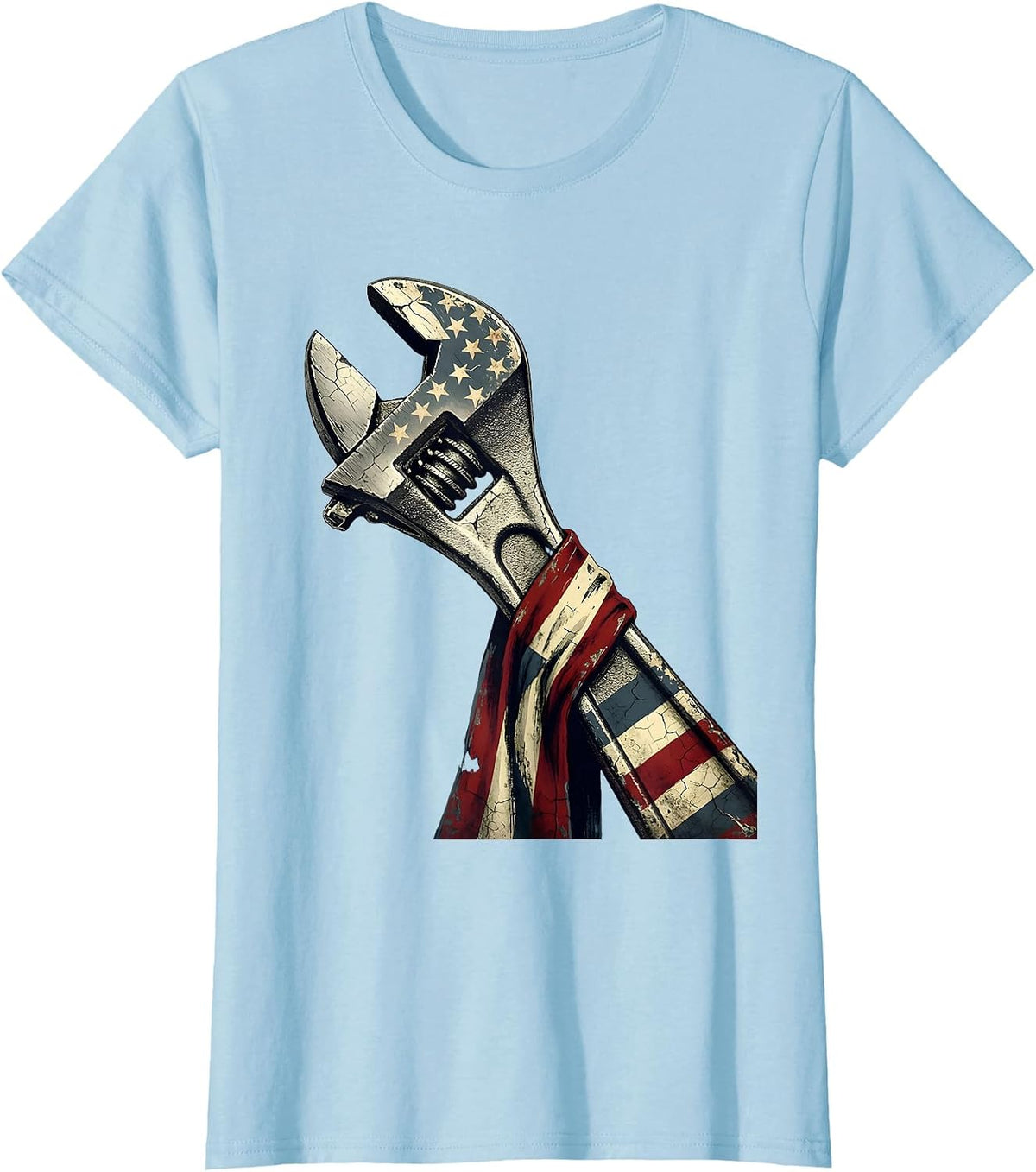 Labor Day American Flag Giant Wrench Graphic T-Shirt - Baby Blue