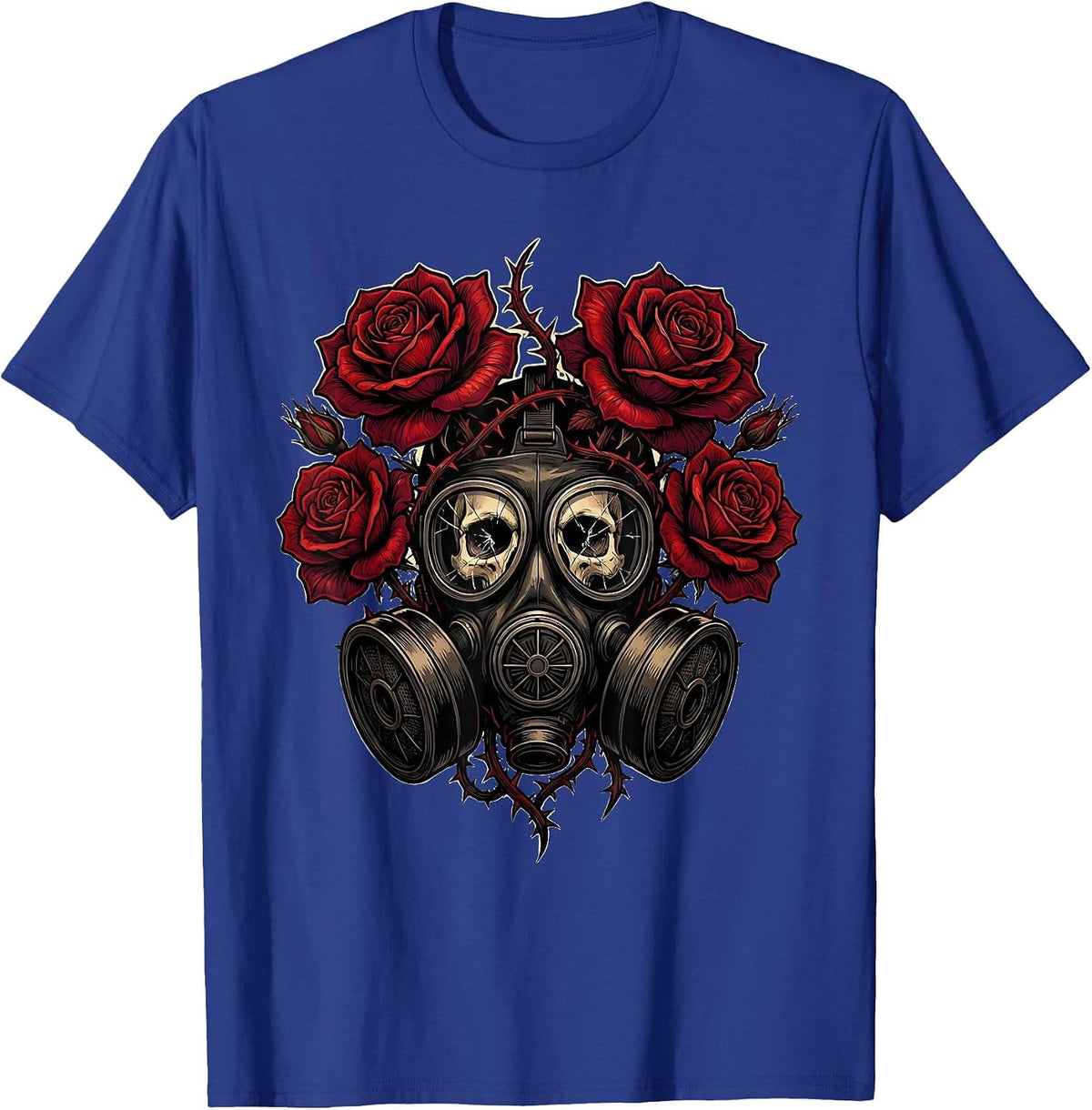 Men's Grunge Gas Mask Floral Growth Illustration T-Shirt - Royal Blue
