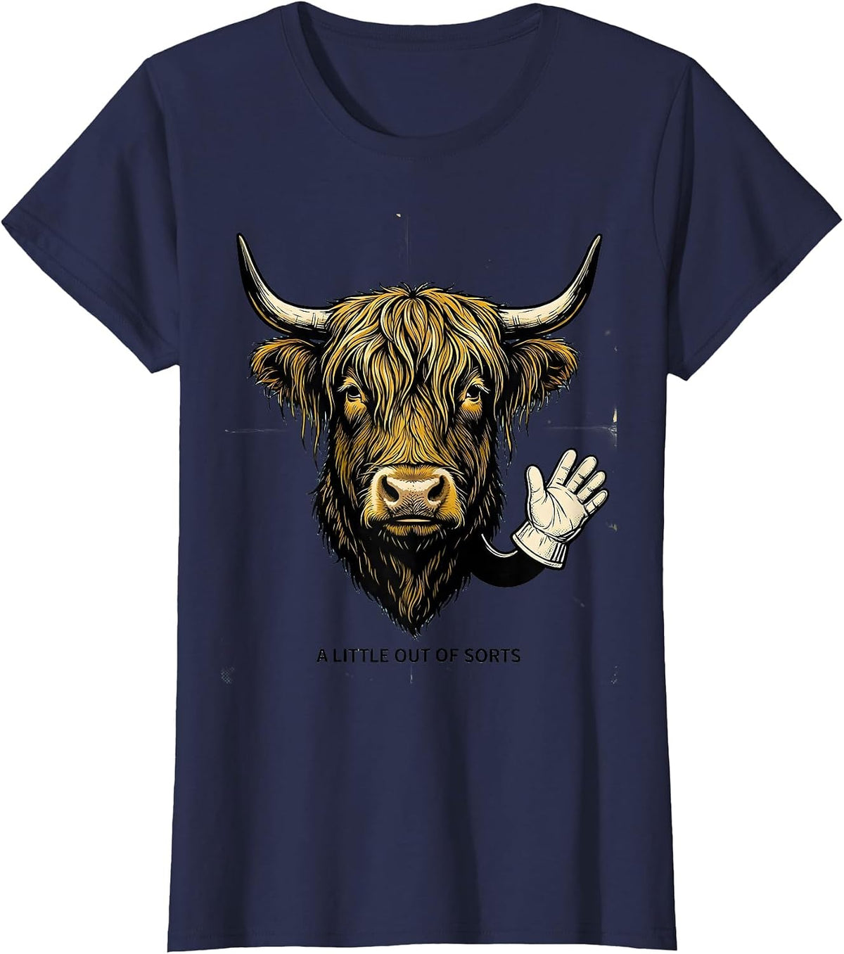 Women's A Little Out Of Sorts Retro Cartoon Highland Cow Funny T-Shirt - Navy Blue
