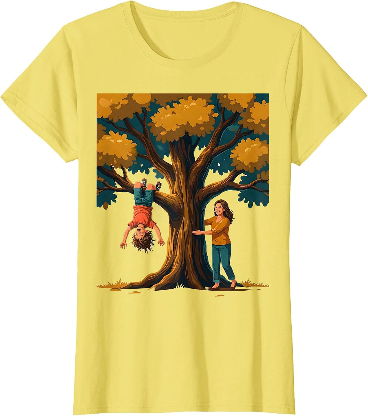 Women's Boy Mom Upside Down Tree Climbing Illustration T-Shirt - Lemon Yellow