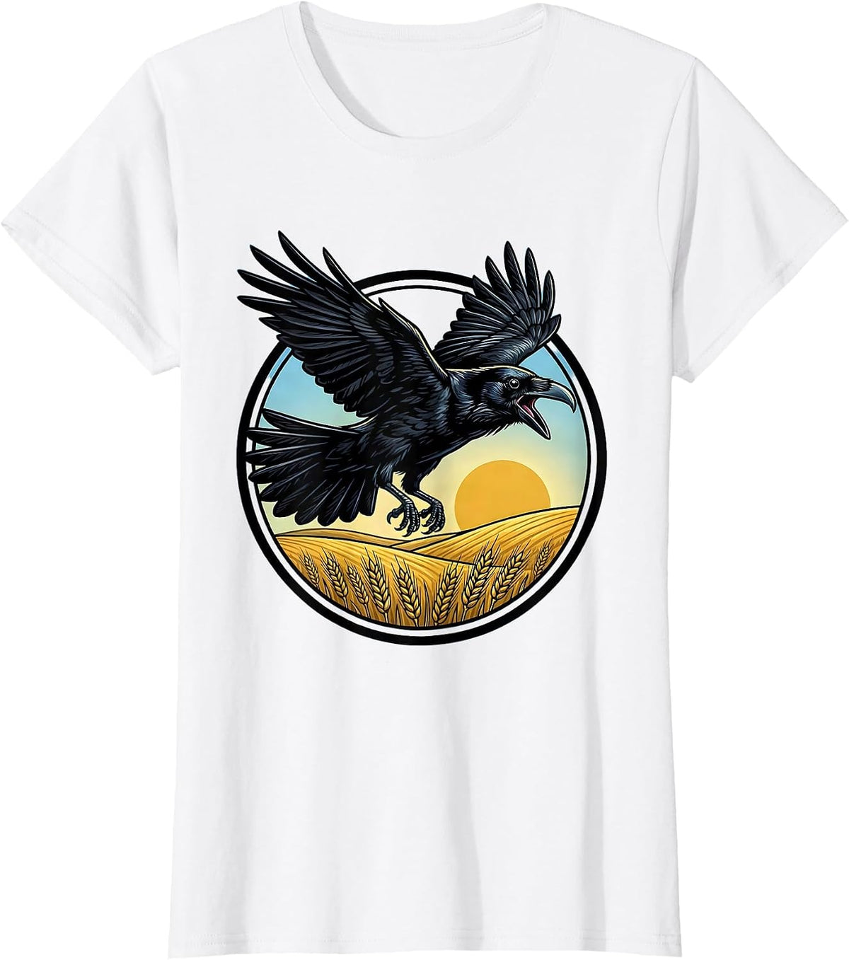 Women's Crow Mid-Swoop Over Open Field Illustration T-Shirt - White