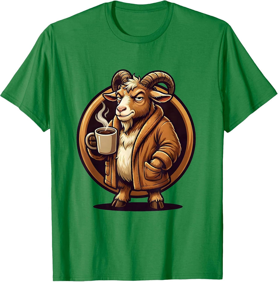 Men's Goat in Bathrobe Morning Coffee Funny Illustration T-Shirt - Kelly Green