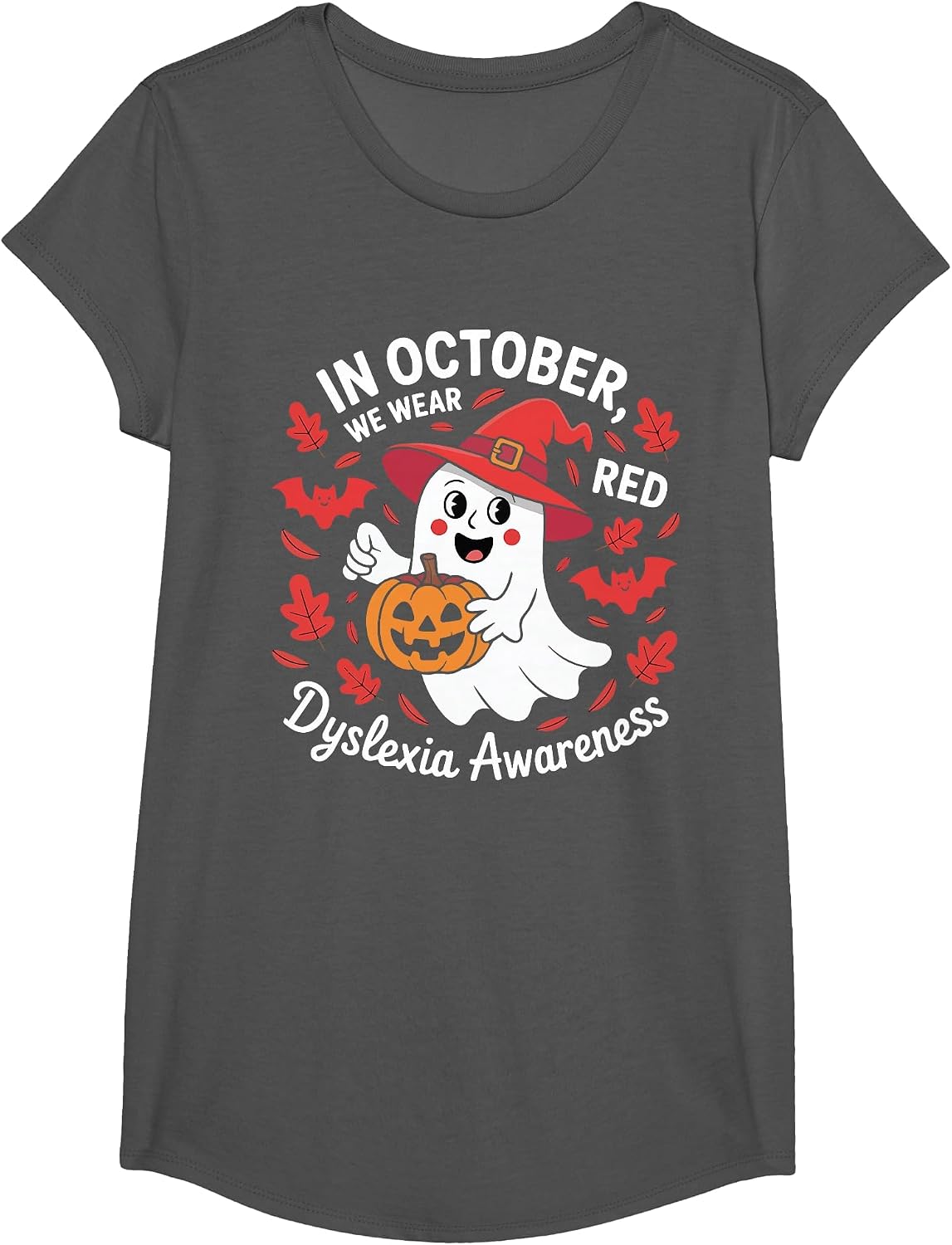 in October We Wear Red for Dyslexia Awareness Halloween T-Shirt - Girls Asphalt Grey
