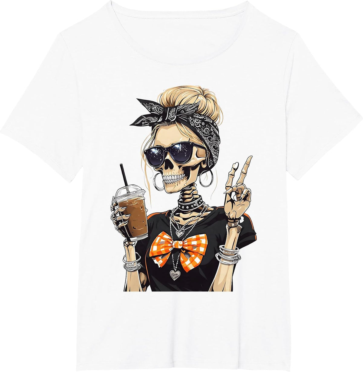 Skeleton Girl Drinking Coffee Peace Sign Graphic for Women T-Shirt - White
