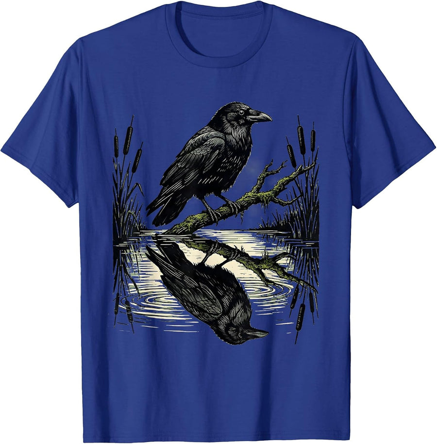 Crow Reflection Still Forest Pond Illustration T-Shirt - Royal Blue