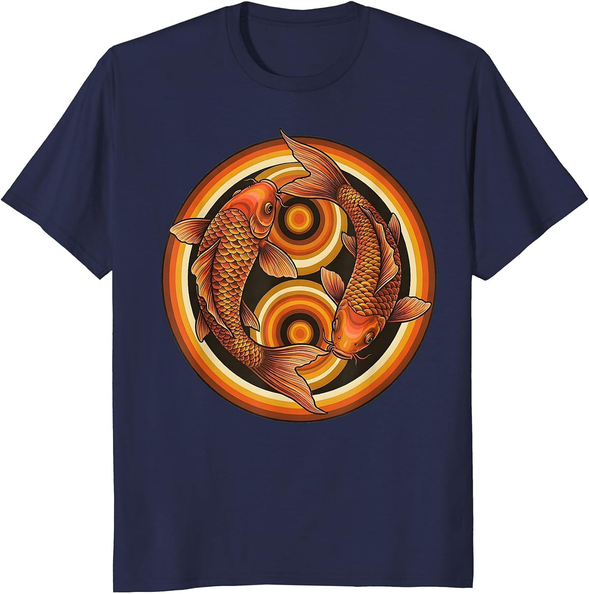 Tie Dye Koi Fish Circling Graphic Design T-Shirt - Navy Blue