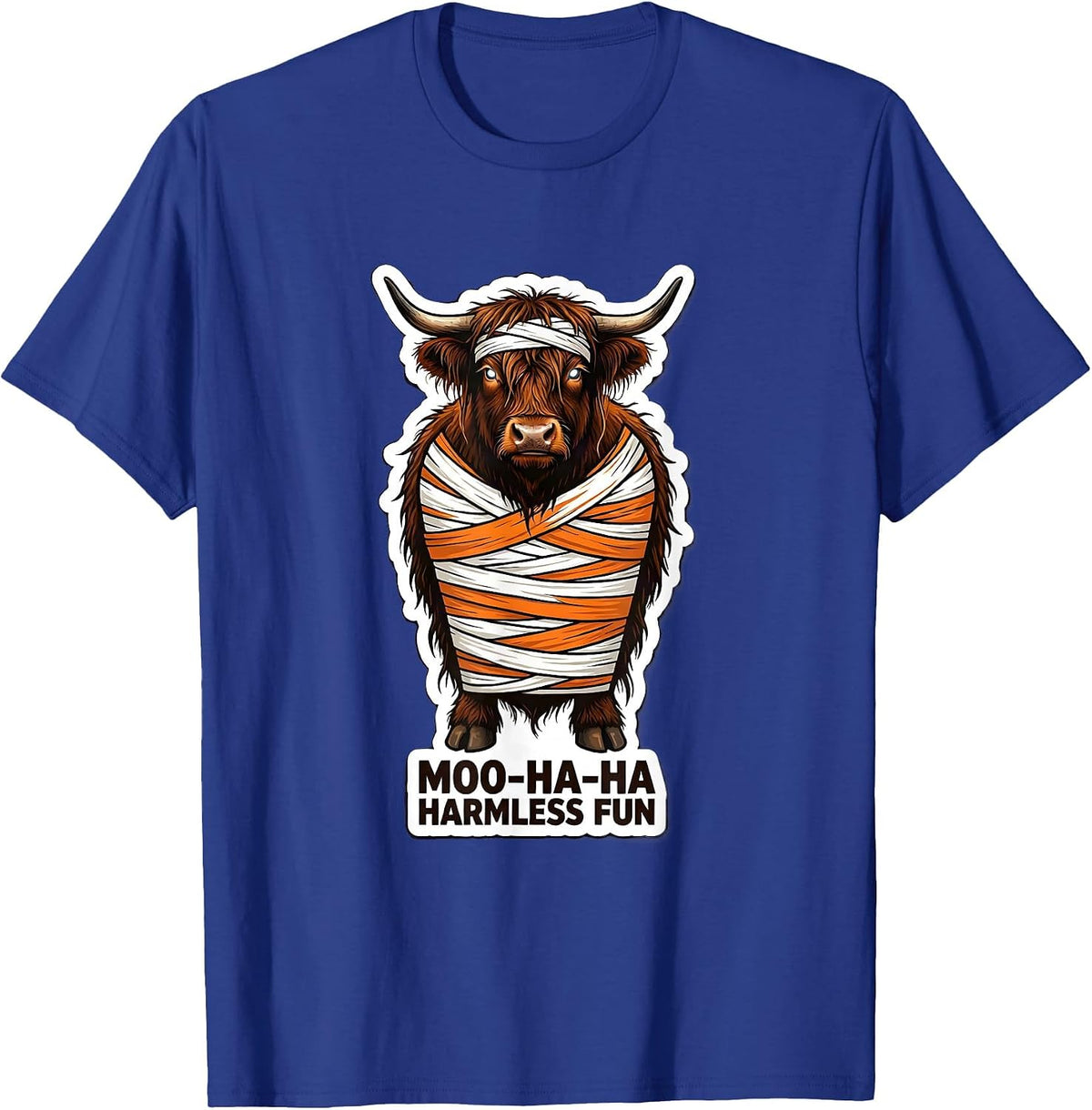 Moo-Ha-Ha, Harmless Fun Whimsical Highland Cow Halloween T-Shirt - Royal Blue