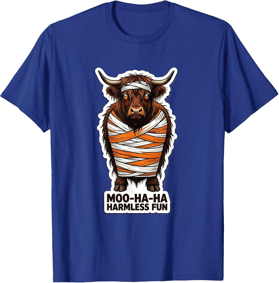 Moo-Ha-Ha, Harmless Fun Whimsical Highland Cow Halloween T-Shirt - Royal Blue