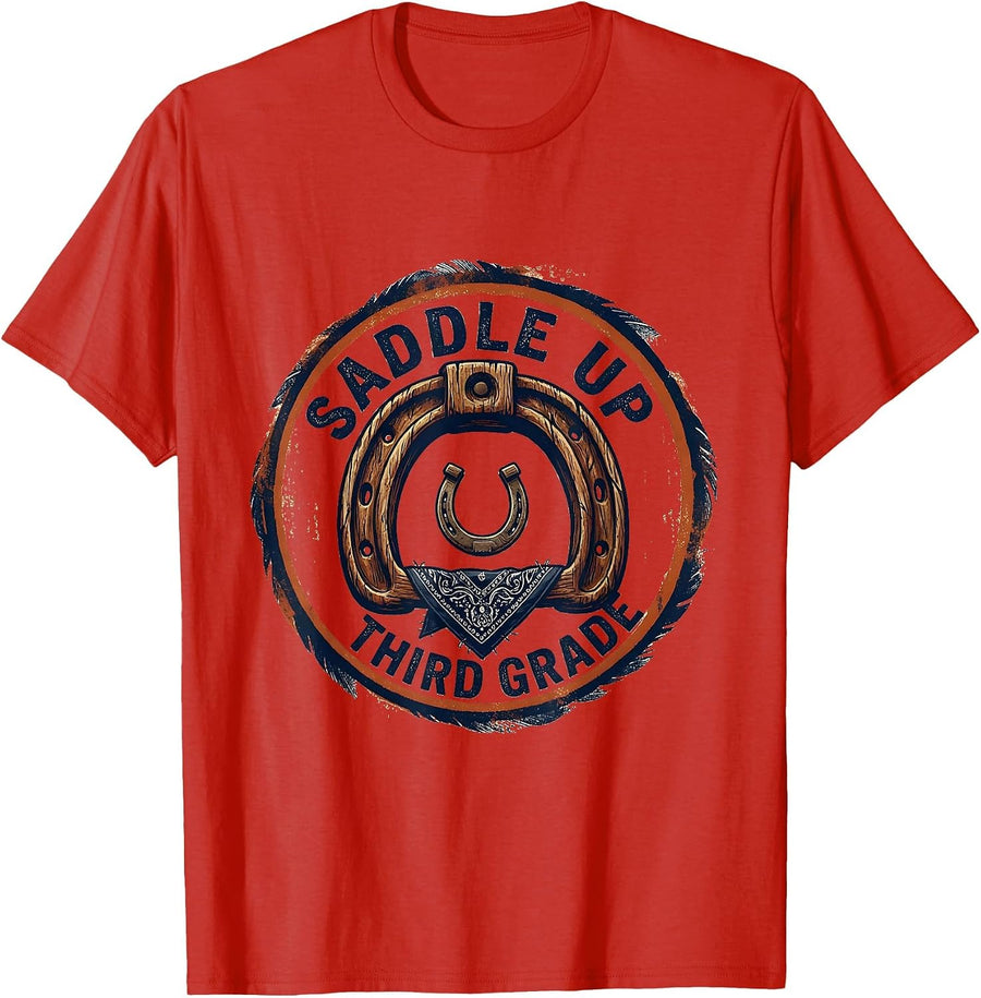 Men's Saddle Up Third Grade Western Teacher Back to School T-Shirt - Red