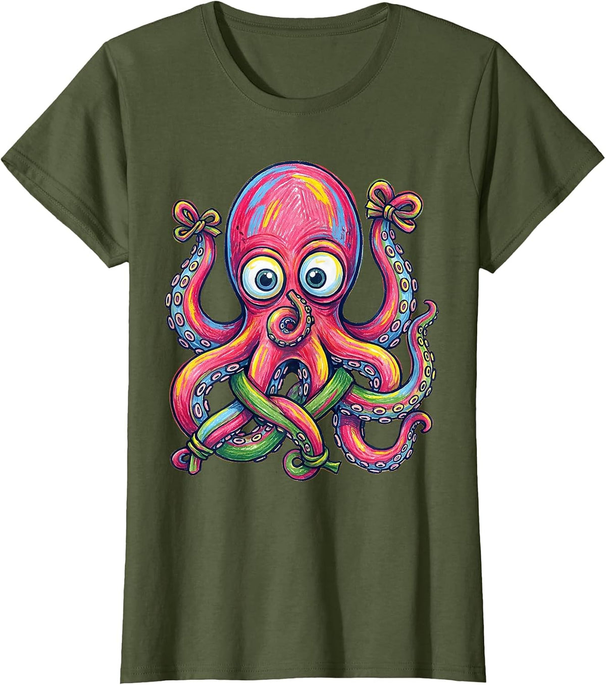 Women's Derpy Googly-Eyed Octopus Tangled Tentacles T-Shirt - Olive Green