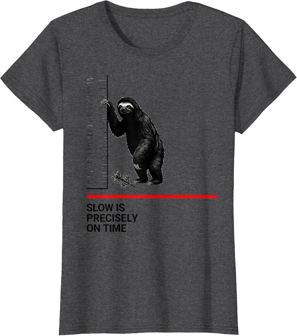 Women's Slow Is Precisely On Time Funny Sloth Lover Ugly Christmas T-Shirt - Dark Heather Grey