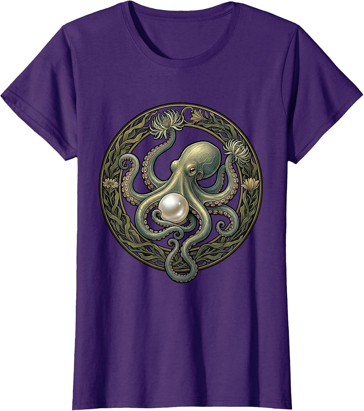Women's Octopus and Pearl Lustrous Ocean Illustration T-Shirt - Purple