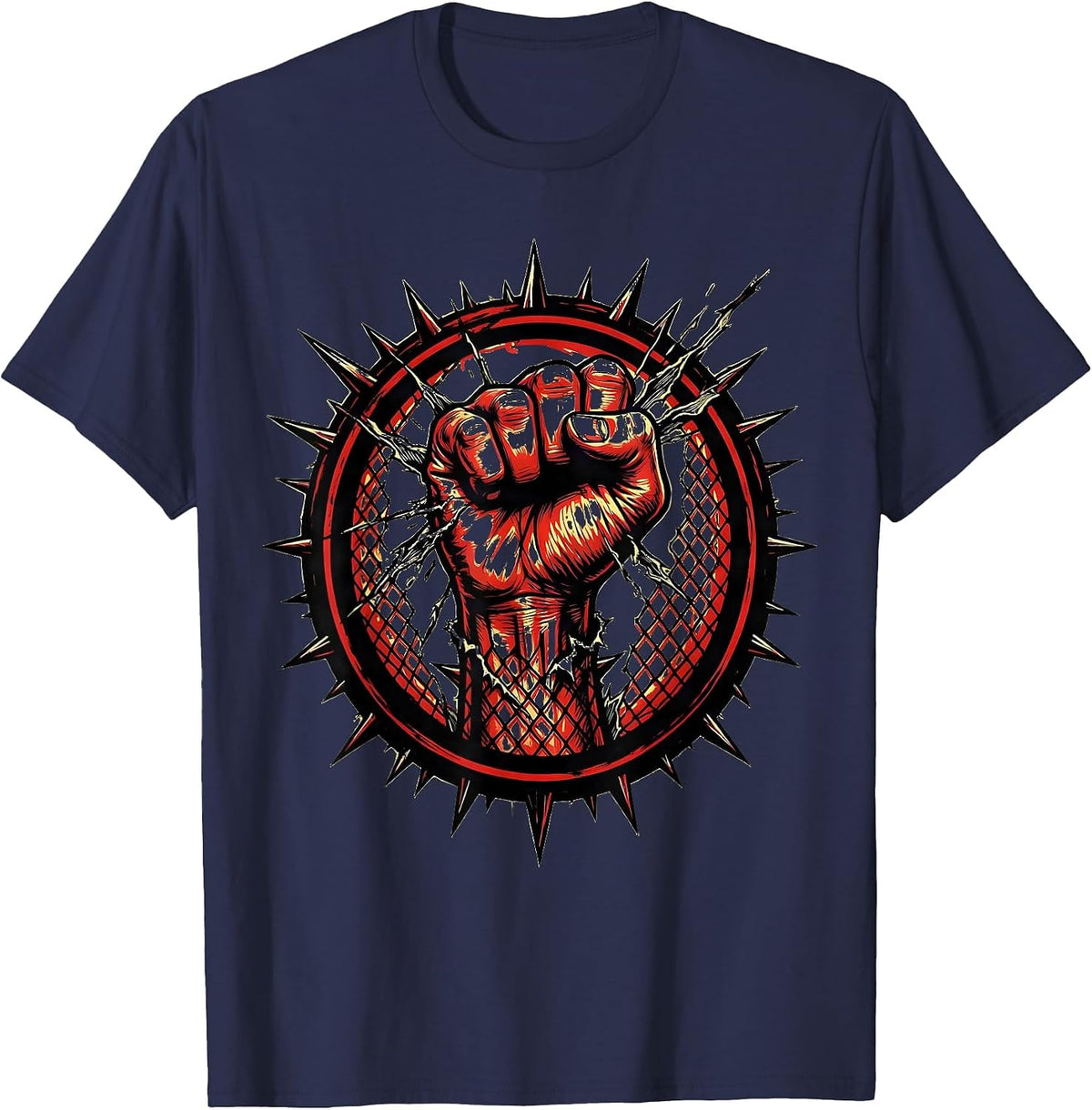 Men's Punk Raised Fist Through Torn Fishnet Graphic T-Shirt - Navy Blue