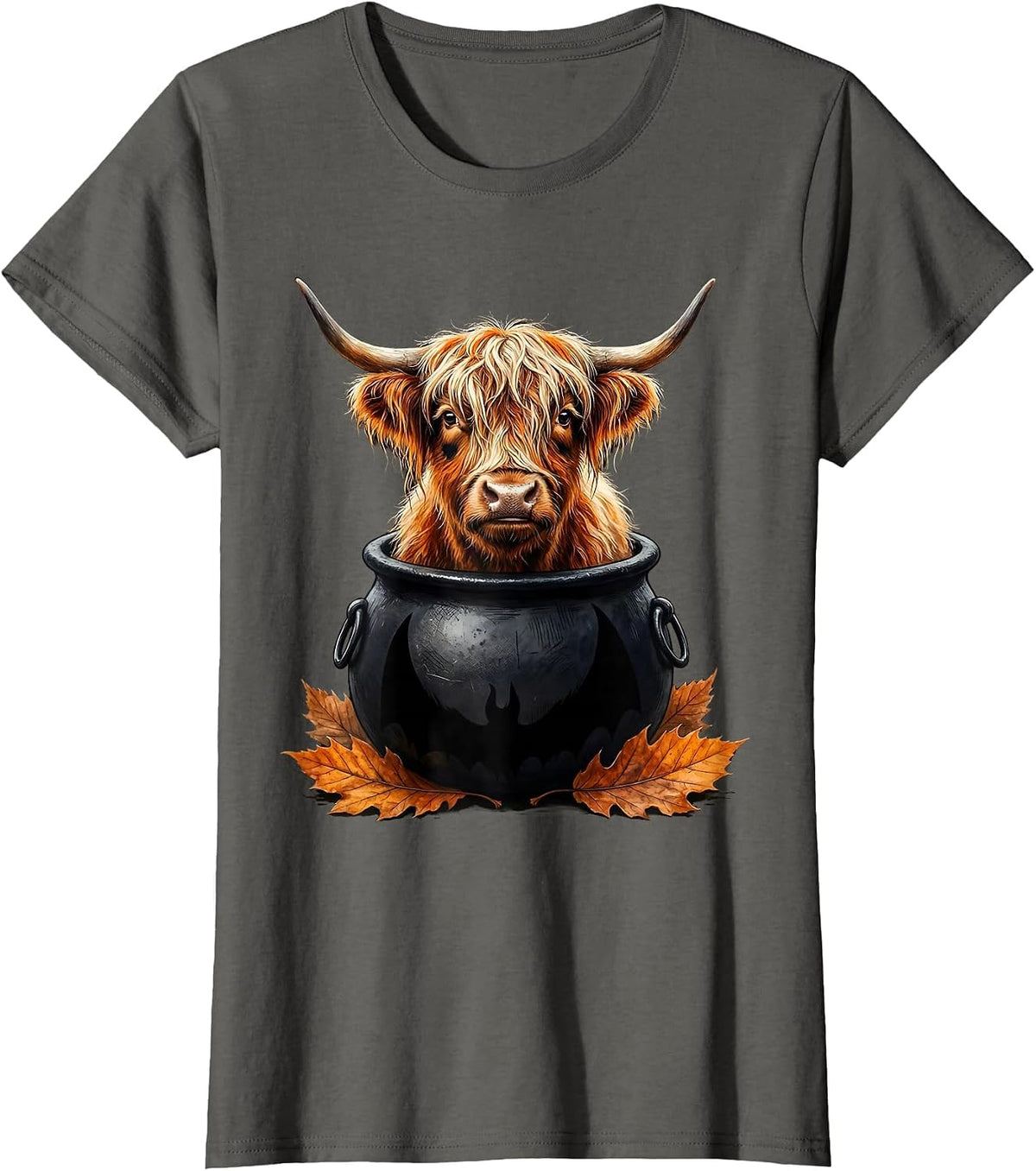 Women's Shaggy Highland Cow Witch Cauldron Halloween Costume Humor T-Shirt - Asphalt Grey