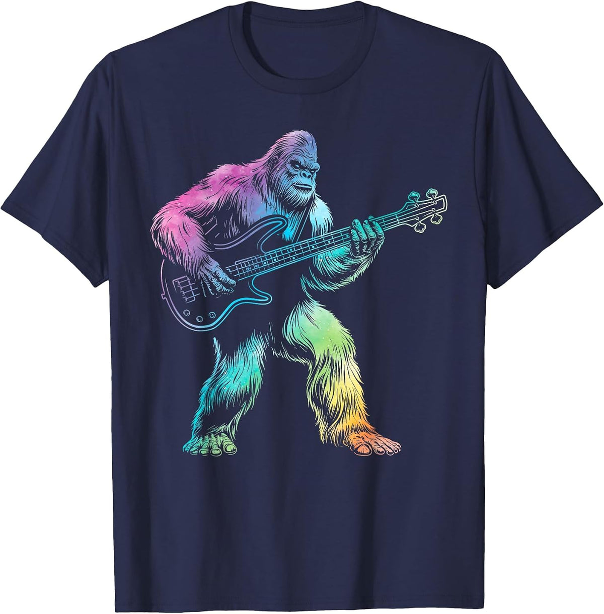 Bigfoot Playing bass Guitar Men Women Guitarist tie dye T-Shirt - Navy Blue