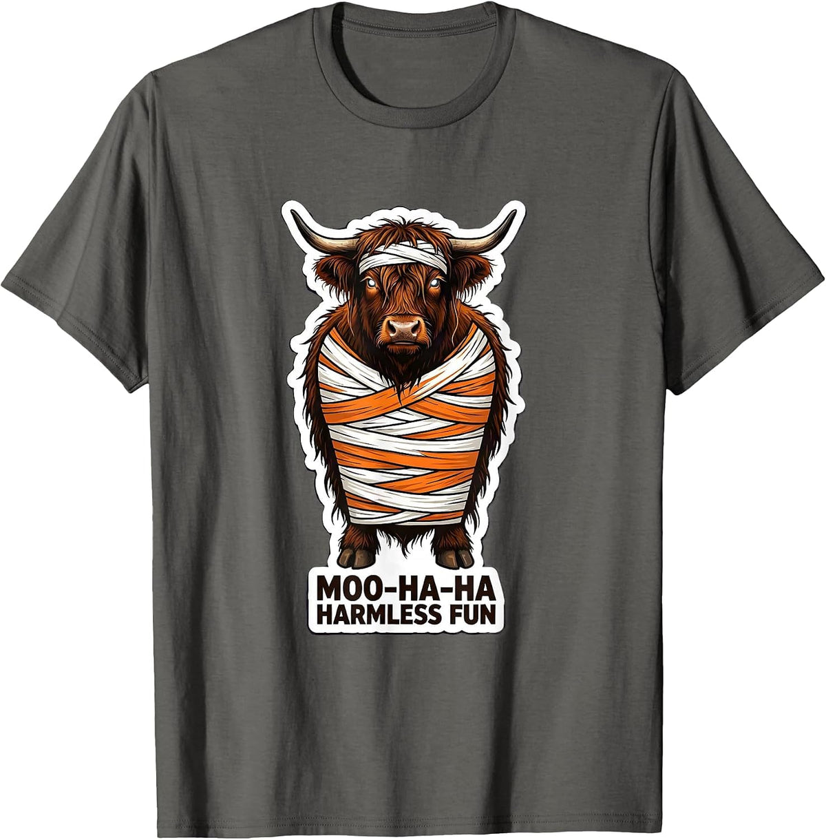 Moo-Ha-Ha, Harmless Fun Whimsical Highland Cow Halloween T-Shirt - Asphalt Grey