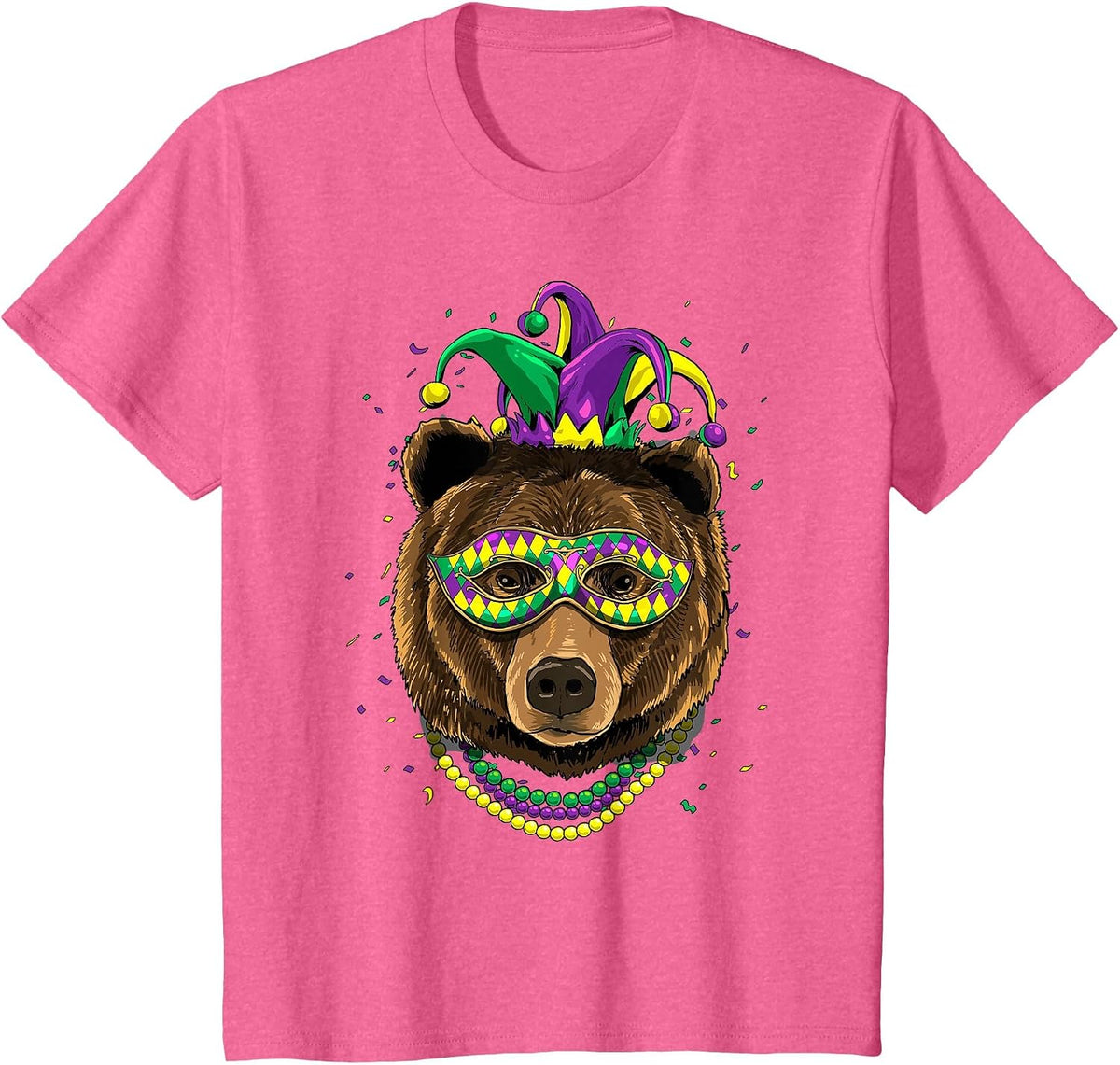 Bear Animal Lover Cute Mardi Gras Carnival Jester T-Shirt, Youth, Pink Heather, Large - As Pictured