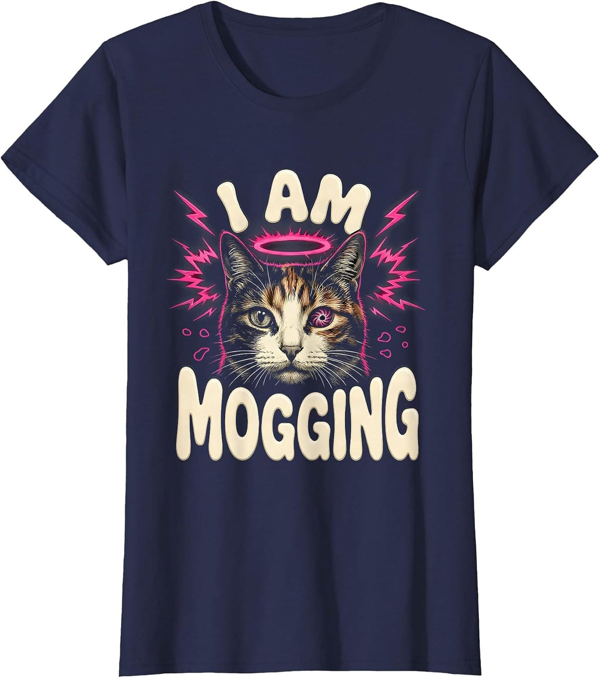 Women's I Am Mogging Funny Cat Meme Bootleg Graphic T-Shirt - Navy Blue