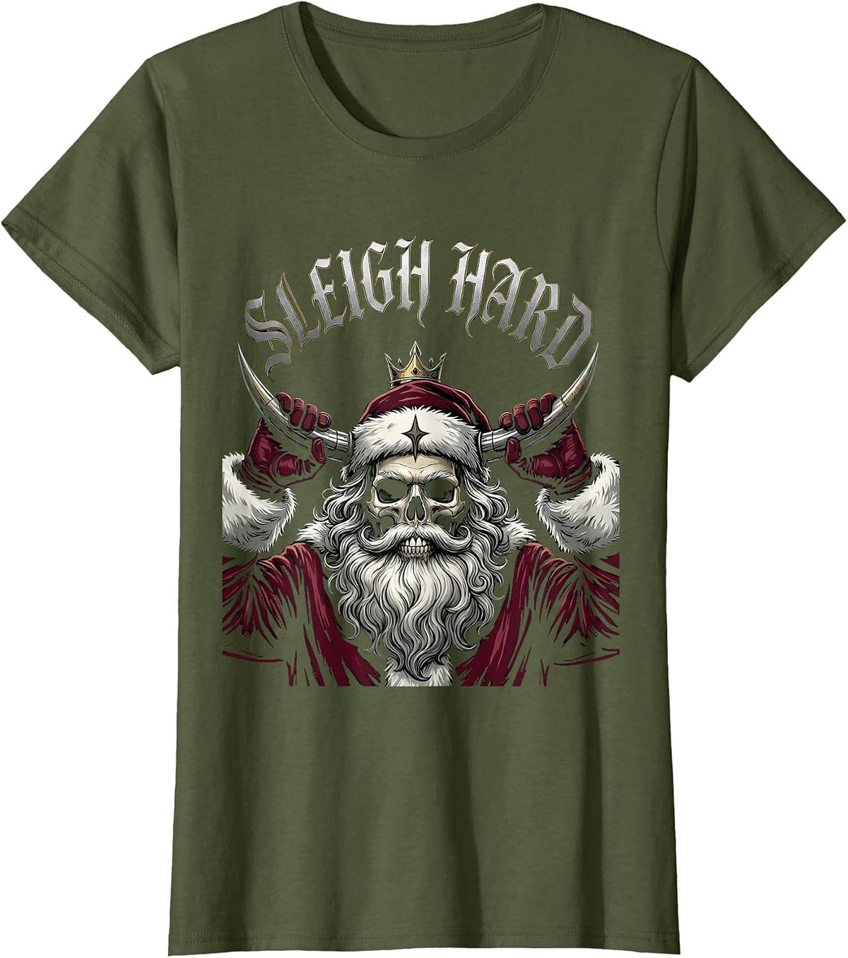 Women's Sleigh Hard Gothic Heavy Metal Santa Claus Christmas Humor T-Shirt - Olive Green