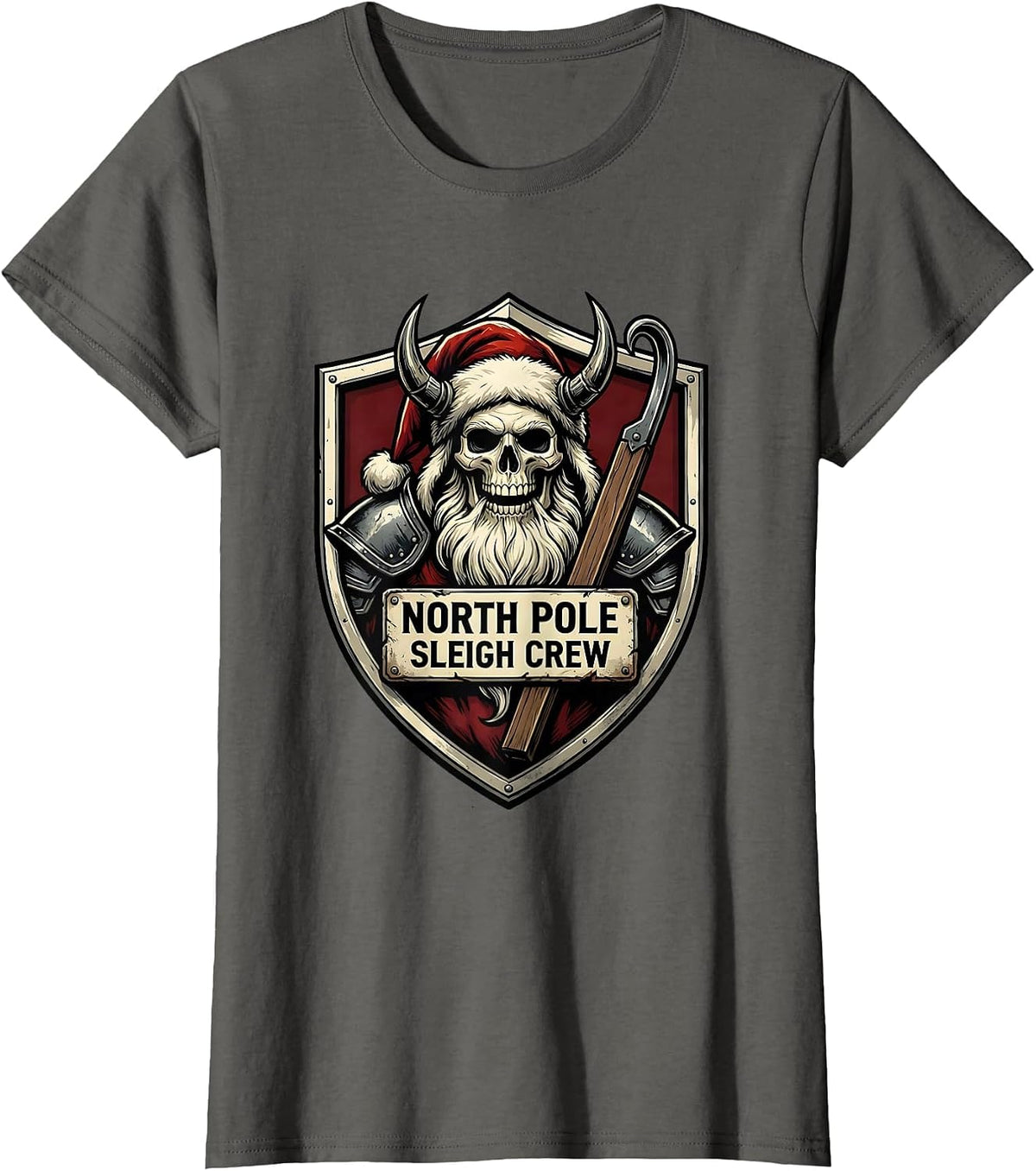 Women's North Pole Sleigh Crew Emblem Heavy Metal Santa Parody T-Shirt - Asphalt Grey