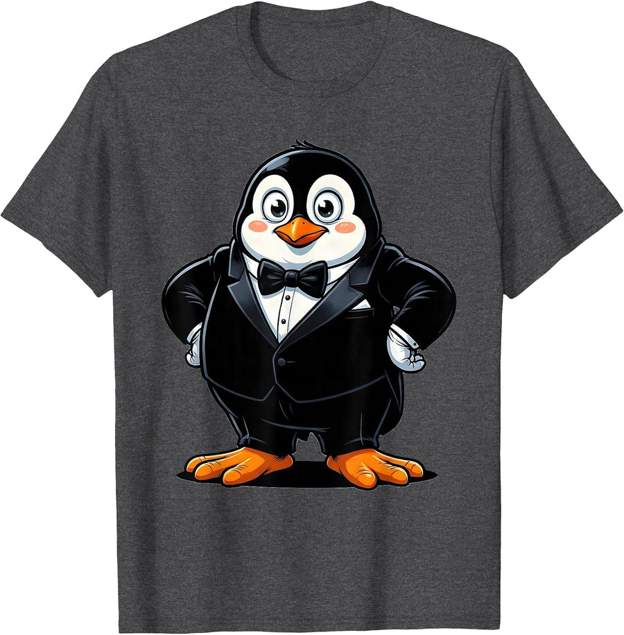 Men's Dapper Penguin Tuxedo Graphic Tee T-Shirt - Dark Heather Grey