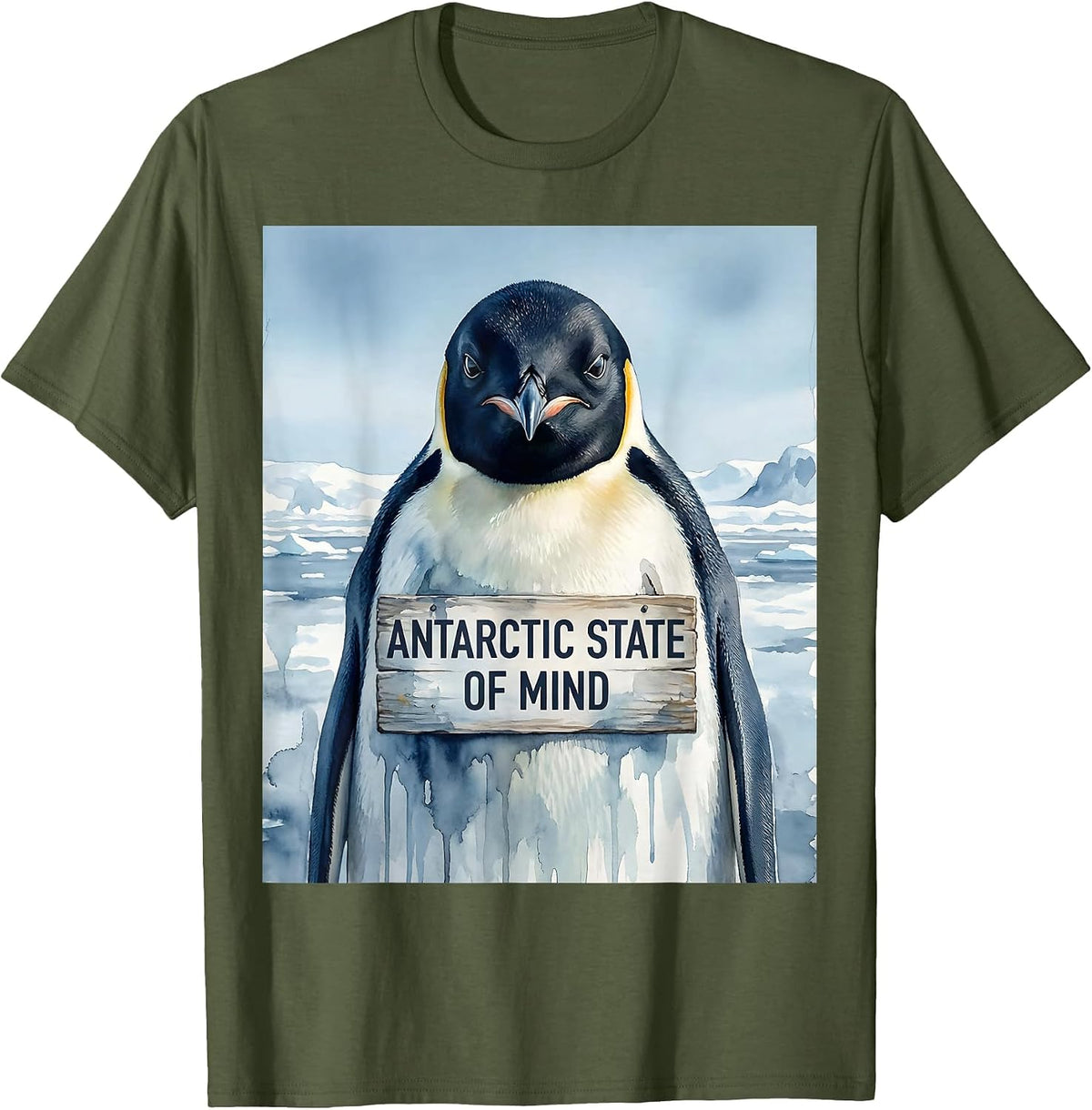 Men's Antarctic State of Mind Penguin Design T-Shirt - Olive Green