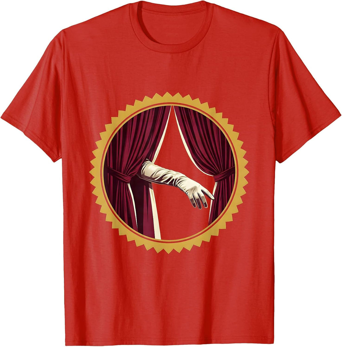 Men's Showgirl Gloved Hand Behind Curtain Graphic T-Shirt - Red