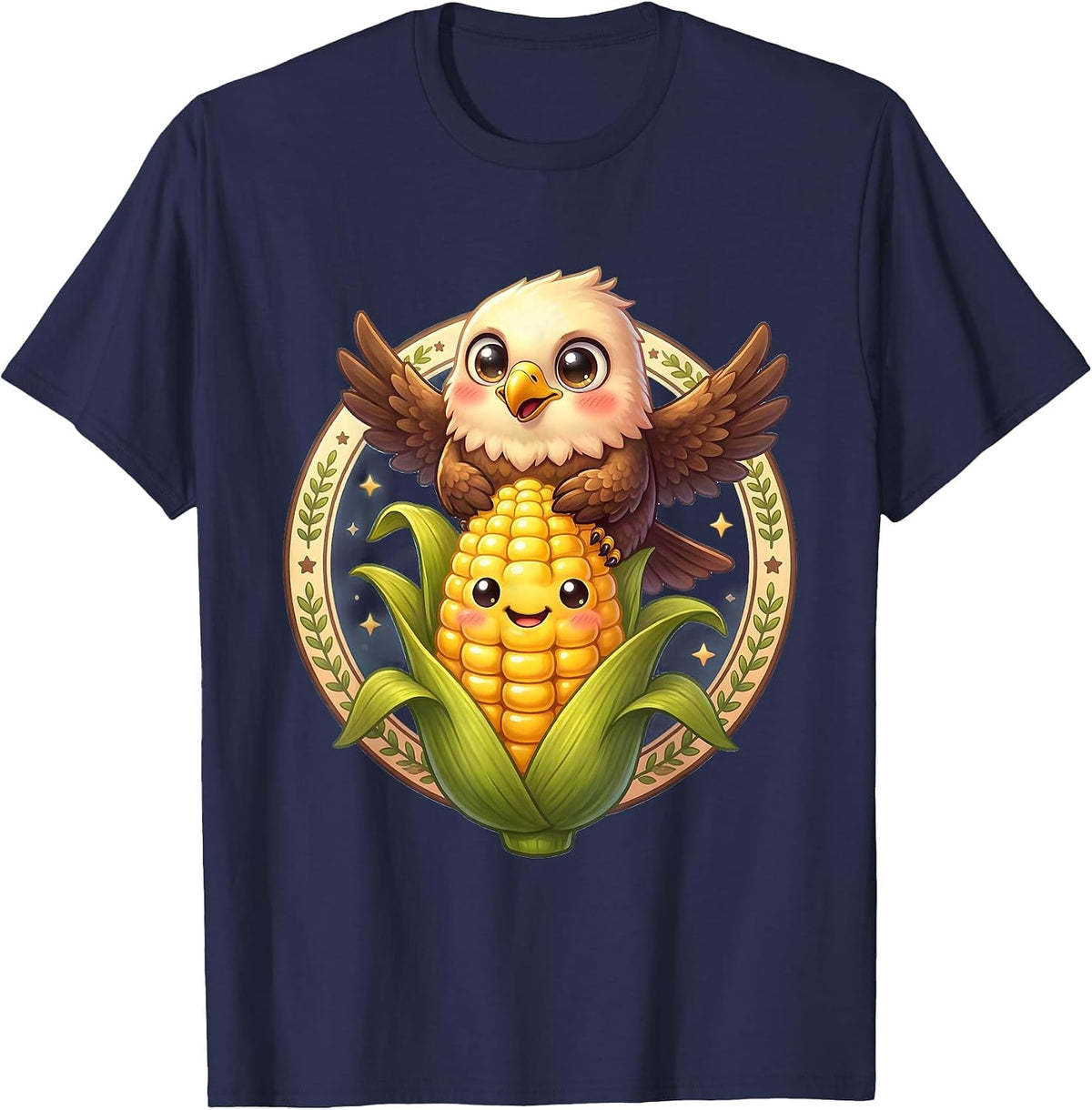 Men's Eagle Perched on Corn Stalk Graphic Design T-Shirt - Navy Blue