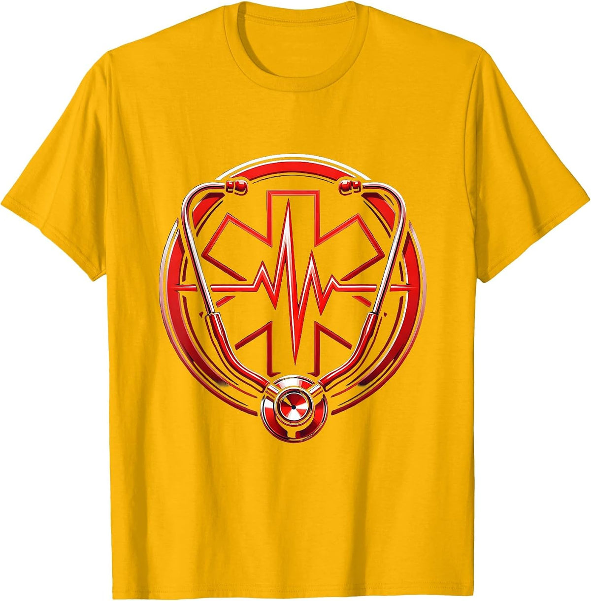 EMT Stethoscope Heartbeat Line Graphic T-Shirt - Golden Yellow