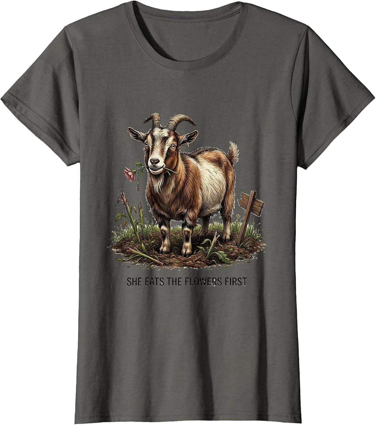 Women's She Eats The Flowers First Funny Goat Lover Farm Animal T-Shirt - Asphalt Grey