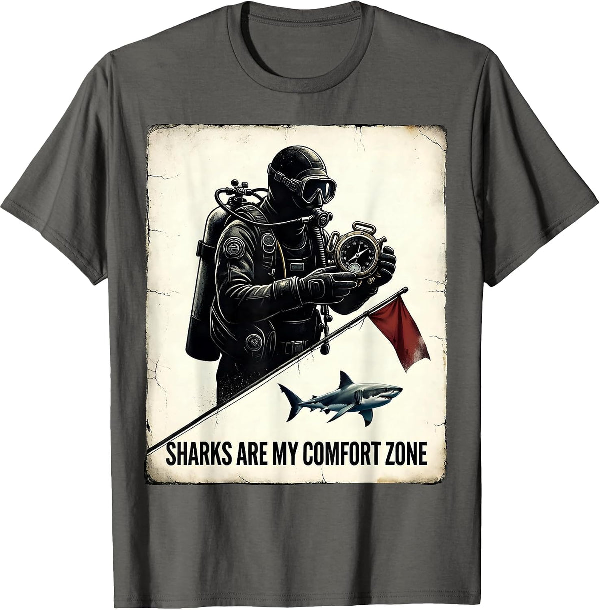 Men's Sharks Are My Comfort Zone Distressed Scuba Diver Humor Gift T-Shirt - Asphalt Grey